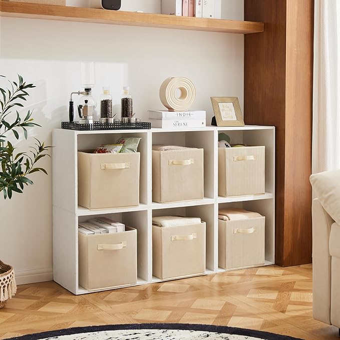 MAX Houser Fabric Cloth Storage Bins,Foldable Storage Cubes Organizer Baskets with Dual Handles for Home Bedroom Storage,Set of 6(Beige)