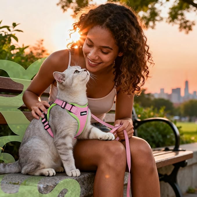 rabbitgoo Cat Harness and Leash for Walking, Escape Proof Soft Adjustable Vest Harnesses for Cats, Easy Control Breathable Reflective Strips Jacket, Pink&Light Green, M