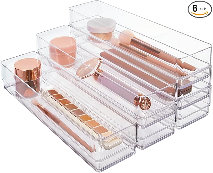 STORi SimpleSort 6-Piece Stackable Clear Drawer Organizer Set | 12" x 3" x 2" Rectangle Trays | Narrow Makeup Vanity Storage Bins and Office Desk Drawer Dividers | Made in USA