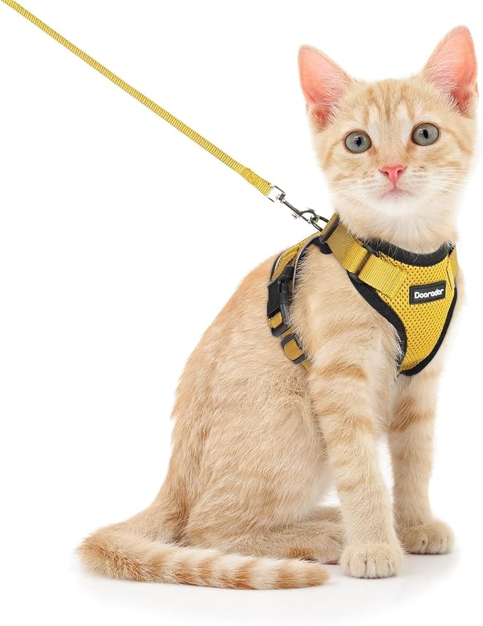 Dooradar Cat Harness and Leash Set, Escape Proof Safe Adjustable Kitten Vest Harnesses for Walking, Easy Control Soft Breathable Mesh Jacket with Reflective Strips for Cats, Yellow, S