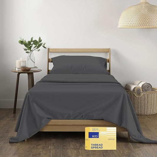 THREAD SPREAD Luxury Pure Egyptian Cotton Sheets Twin XL Size - 600 Thread Count 3 PC Twin XL Sheets Deep Pockets, Cooling Sateen Weave College Dorm Bedding Twin XL, Fits Mattress Upto 18"- Dark Grey