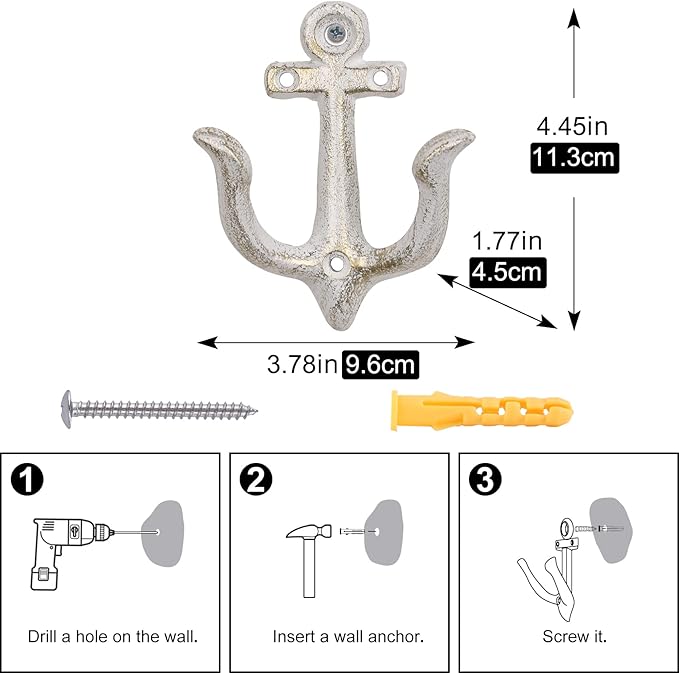 XINGYAN Vintage Rustic Cast Iron Nautical Sea Anchor Design Wall Hooks,Home Coat Rack,Decorative Wall Mounted Antique Shabby Chic Metal Bathroom Towel,Coat Hooks,Hanger,Screws Inside (Beige[4pcs])