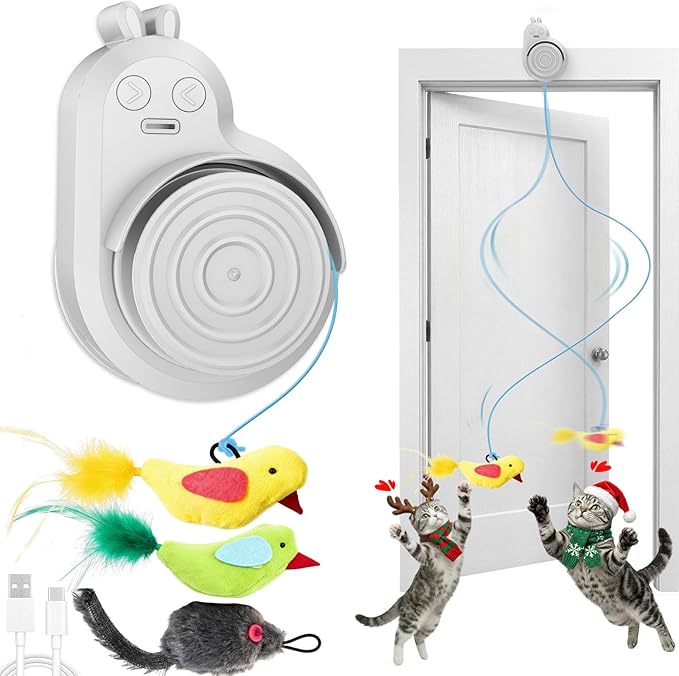 Interactive Cat Toys for Indoor Cats - Automatic Flying Bird Feather & Mouse Wand Enrichment Toy, Hands-Free or Handheld USB-Rechargeable Safe Play Chase Exercise for Bored Kittens and Adult Cats