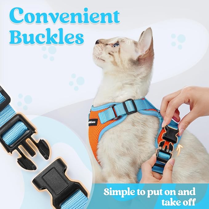 rabbitgoo Cat Harness and Leash Set, Escape Proof Soft Adjustable Vest Harnesses for Outdoor Walking, Easy Control Breathable Kitten Jacket with Reflective Strips, Orange & Light Blue, M