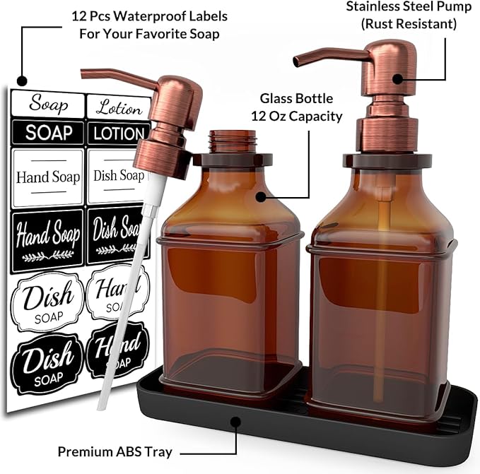 Soap Dispenser - 2 Pack, Antique Design Thick Amber Glass Hand Soap Dispensers with Sturdy Tray; 304 Rust Proof Stainless Steel Black Pump, 12Pcs Stickers, for Kitchen, Bathroom -Brushed Copper