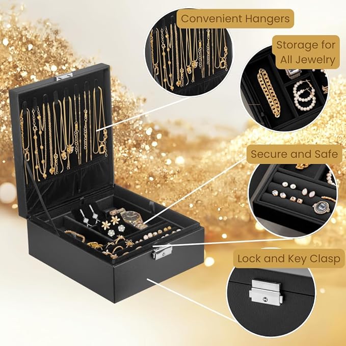 2 Layer Jewelry Box, Jewelry Organizer For Woman, Men & Girls Large Case 8.5x7.5x3.3in | PU Leather Jewelry Gift Storage Boxes For Ring, Necklace & Bracelet With Lock (Black)