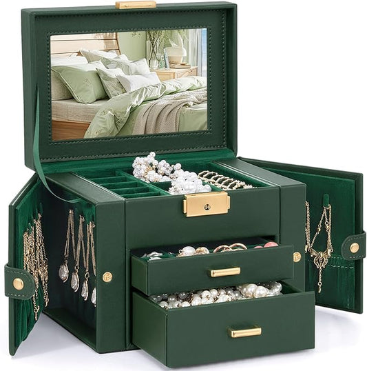 TORIBIO Jewelry Box for Women, Leather Jewelry Organizer with Mirror & Lock, 3-Tier Jewelry Storage Organizer with 2 Drawers for Girls/Women/Mothers, Necklace Earring Bracelets Holder Organizer