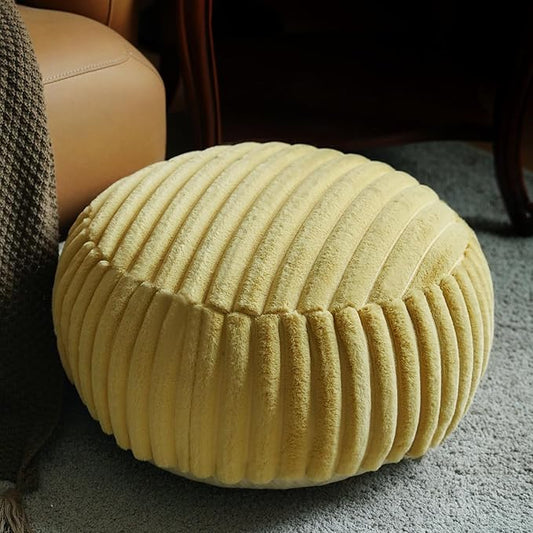Unstuffed Pouf Ottoman Cover Soft Storage Extra Seat Farmhouse Comfortable Bohemian Poufs Accent Footrest 20x20x8 Inches for Living Room Bedroom Study Nook (Yellow B, Round)