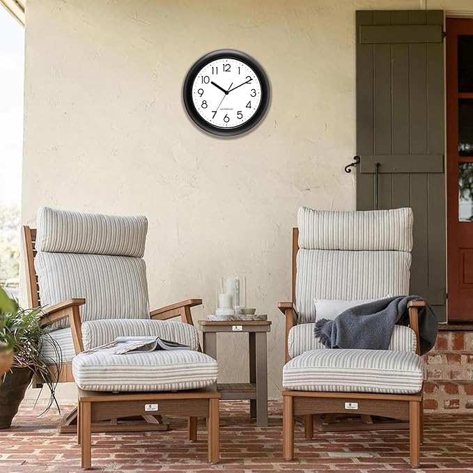 Caysie 10 Inch Sealed Indoor Outdoor Clock Waterproof, Silent Battery Operated Weatherproof Wall Clocks for Pool Patio Outside Home (Black)