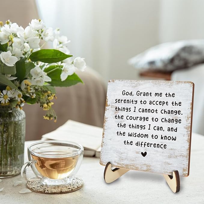 Decorative Desk Decor Motivational Mental Health Recovery Positive Plaque with Wooden Stand Inspirational Serenity Prayer Christian Wood Sign for Home Office Reading Corner Table Bookshelf
