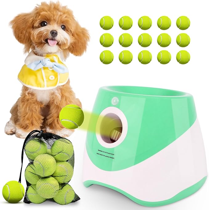 Automatic Ball Launcher for Dogs: 2" Mini Tennis Ball Thrower with 3 Distance Settings,Interactive Puppy Pet Ball Indoor Thrower Fetch Machine for Small to Medium Dogs,Green