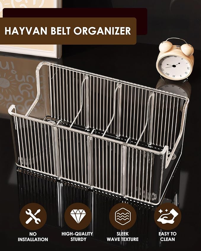 HAYVAN 2-Pack Acrylic Belt Organizer for Closet & Drawer - 8 Detachable Compartments, Clear Belt Holder Display Fits Most Sizes, Storage for Ties, Bows, Jewelry (Space-Saving Design)