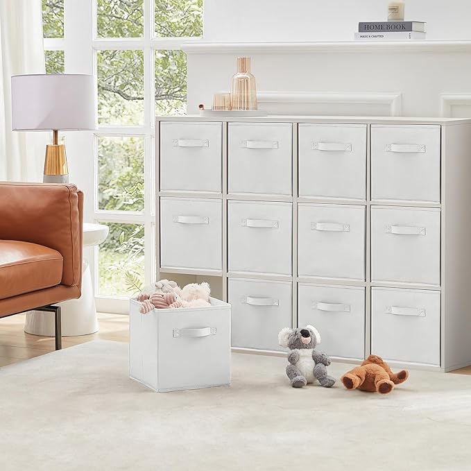 Lifewit 12 Packs Storage Cubes, 11 Inch Cube Storage Bins, Foldable Decorative Fabric Storage Baskets for Organizing Home Organizers with Handles for Shelves, Closet, White