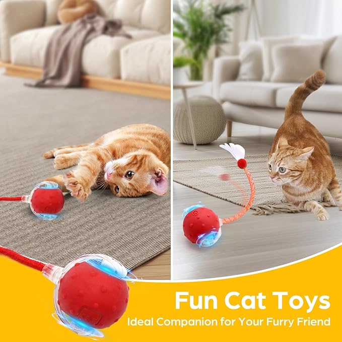 Interactive Cat Toys, Automatic Moving Cats Toy with Elastic Mesh Bell Tail, Rechargeable Cat Ball for Bored Indoor Adult Cats, Energetic-cat (Red)