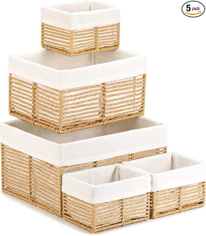 Vagusicc Wicker Storage Basket, Hand-Woven Paper Rope Wicker Baskets, Rectangular Small Wicke Baskets for Organizing, Cube Storage Bins for Closet/Clothes/Dresser, Natural, 5-Pack