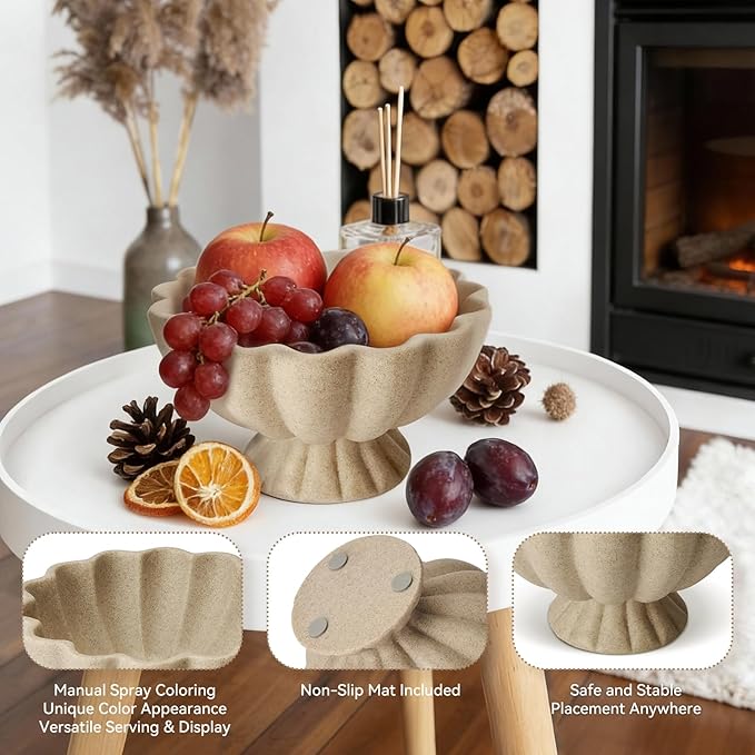 Pedestal Decorative Bowl Home Decor - Morden Resin Handmade Decorative Fruit Bowl for Kitchen Counter, Chic Ruffle Bowl Centerpiece Decor for Dining Table Coffee Table (Artificial Stone Beige)