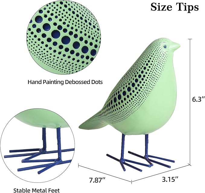 Quoowiit Bird Figurine, Modern Sculpture and Statues for Home Decor, Animal Statues for Bookshelf, Table, Entryway, Fireplace, Resin Decorative Sculpture with Chic Polka Dots Art Design (Green)
