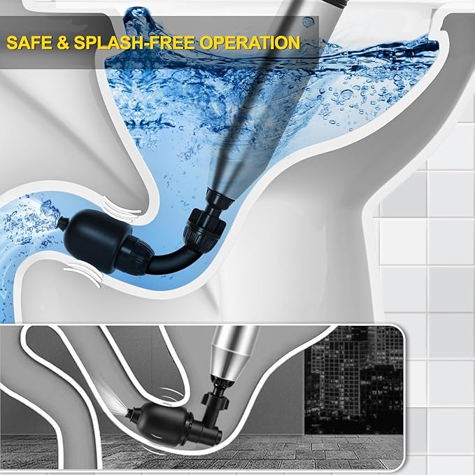 Electric Toilet Plunger Pro Compatible for Dewalt 20V Battery (Not Included) - Cordless Powerful High Pressure Unclogger, Drain Auger with 3 Heads for Bathroom, Safety & Portable Toilet Unclogged Tool