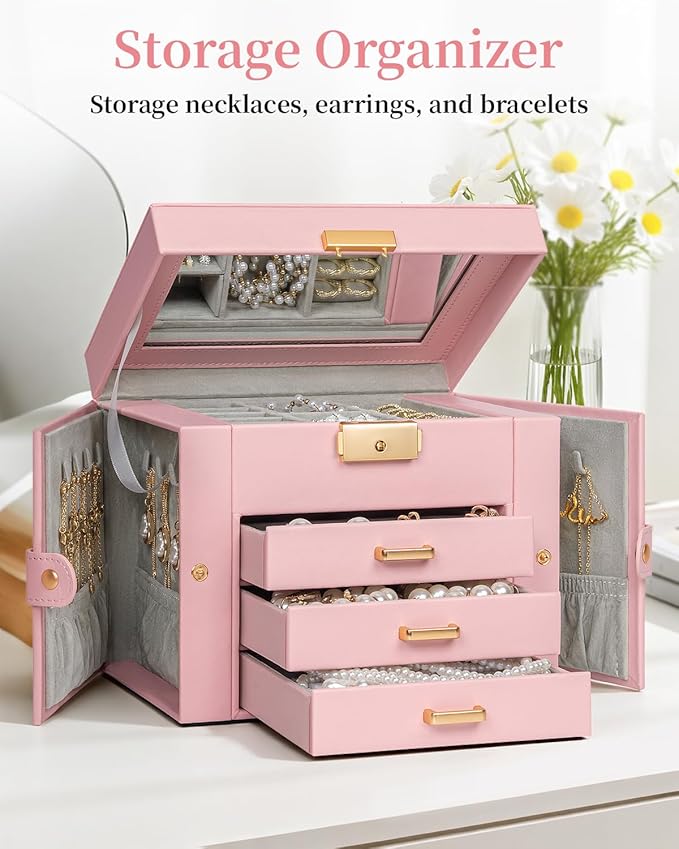 TORIBIO Jewelry Box for Women, Leather Jewelry Organizer with Mirror & Lock, 4-Tier Jewelry Storage Organizer with 3 Drawers for Girls/Women/Mothers, Necklace Earring Bracelets Holder Organizer