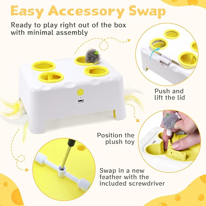 Interactive Cat Toy for Indoor Cats, 3 Modes Feathers Toy, Rechargeable 4 Holes Mole Cat Toys, Cheese Box for Kitten, 4 Accessories (White)