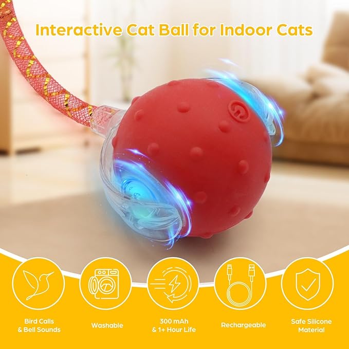 Interactive Cat Toys, 2 Pcs Automatic Moving Cats Toy with Elastic Mesh Bell Tail, Rechargeable Cat Ball for Bored Indoor Adult Cats, Energetic-cat (Red+Blue)