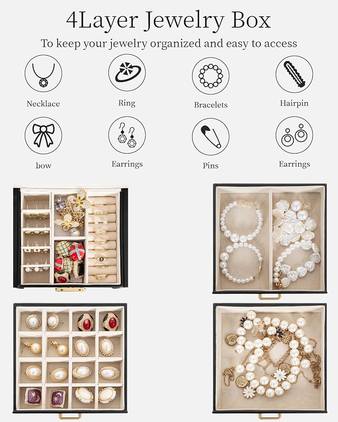 TORIBIO Jewelry Box for Women, Leather Jewelry Organizer with Mirror & Lock, 4-Tier Jewelry Storage Organizer with 3 Drawers for Girls/Women/Mothers, Necklace Earring Bracelets Holder Organizer