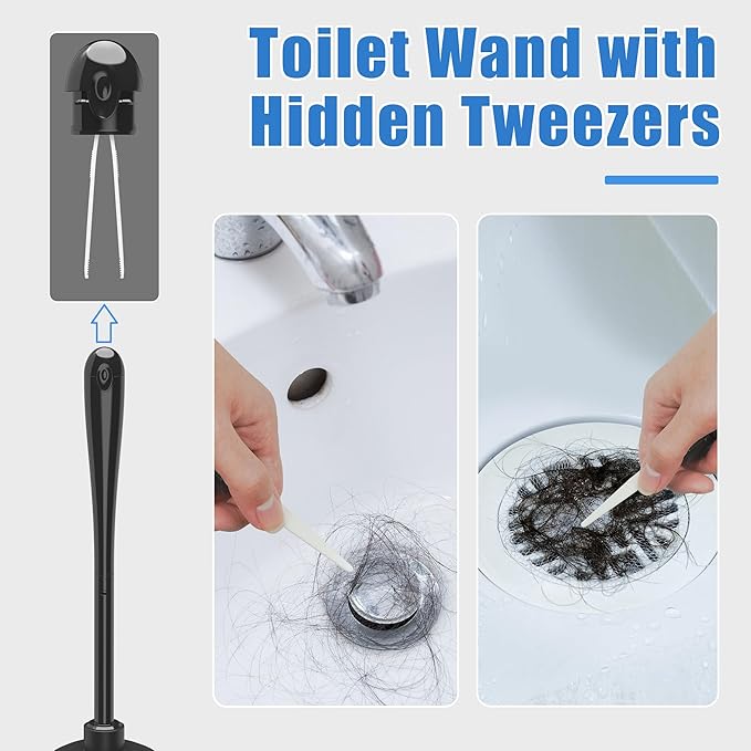 JEHONN Toilet Plunger and Brush Set Black with Holder and Hidden Tweezers, Heavy Duty Bathroom Bowl Scrubber Cleaning Kit for Bathtub Sink Wash Basin