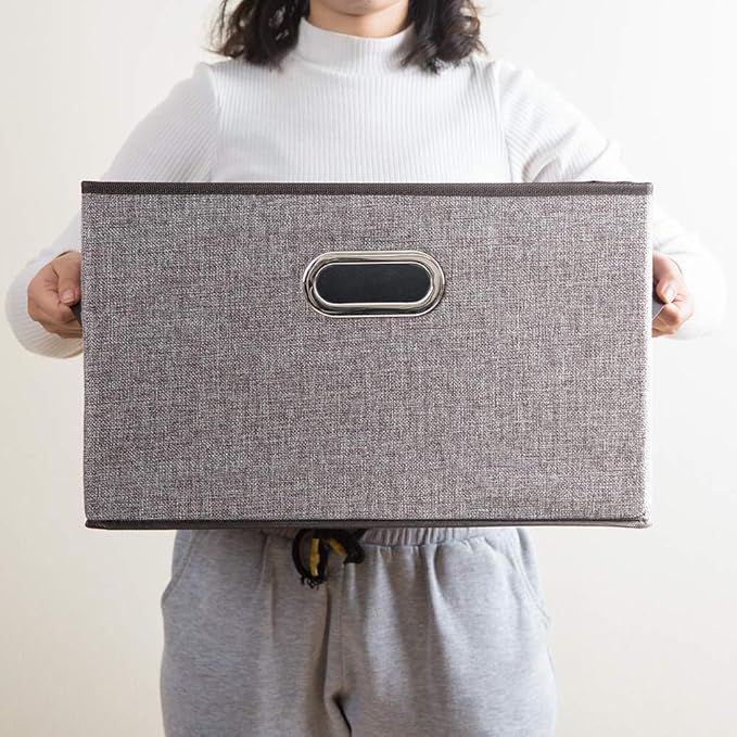 PRANDOM Larger Collapsible Storage Bins for Closet [3-pack] Decorative Linen Fabric Storage Baskets Cubes with Leather/Metal Handles for Living Room Cloth Grey and Black Trim (17.3x12.2x10.4 Inch)