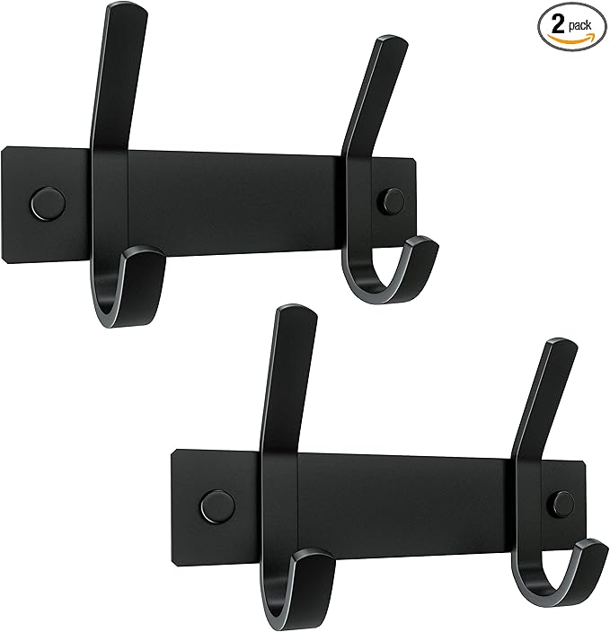 Matte Black Small Coat Rack Wall Mount – 6 Inch Stainless Steel Hook Rail with 2 Double Coat Hooks – Wall Mounted Entryway Organizer for Coats, Hats, Bags, Towels, Robes, Closet or Bathroom - 2 Pack