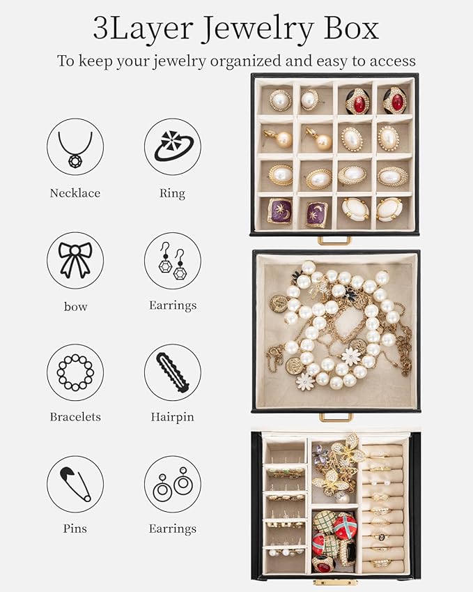 TORIBIO Jewelry Box for Women, Leather Jewelry Organizer with Mirror & Lock, 3-Tier Jewelry Storage Organizer with 2 Drawers for Girls/Women/Mothers, Necklace Earring Bracelets Holder Organizer