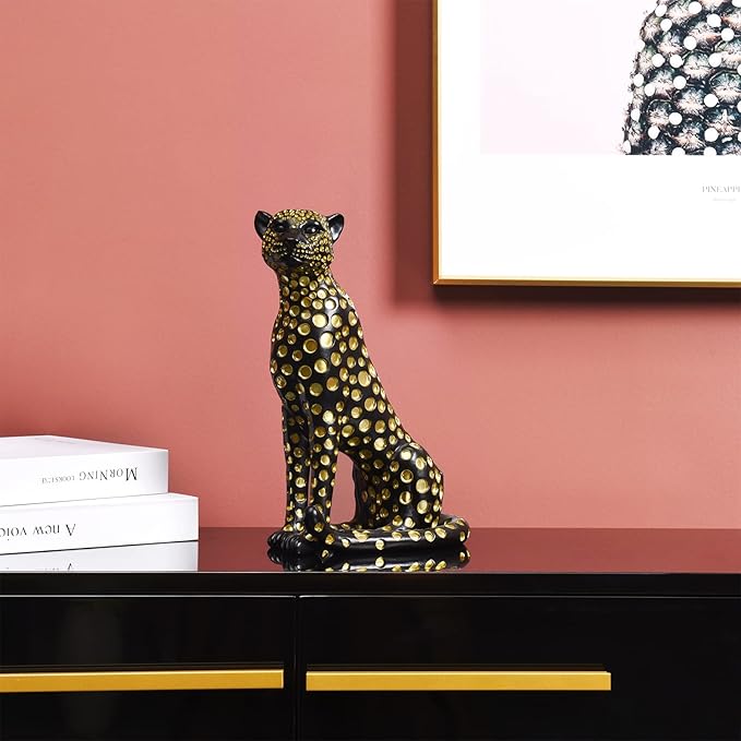 Quoowiit Leopard Sculptures for Home Decor, Modern Sculptures Decorations for Living Room, Bedroom, Table, Bookshelf, Black Resin Leopard Art Decorative Sculpture with Gold Polka Dots Design-Black