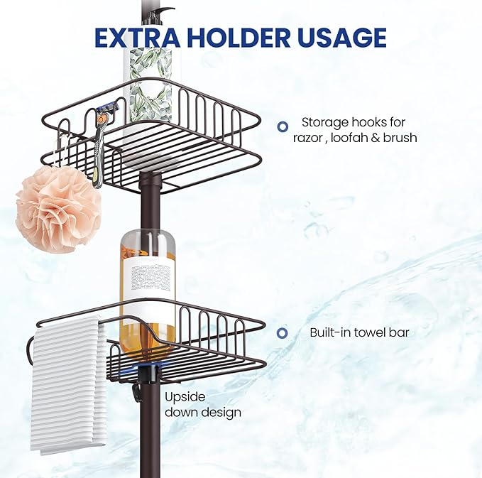 SEIRIONE Rustproof Shower Caddy Corner and Shower Organizer Corner for Bathroom,Corner Shower Caddy Tension Pole with 4 Adjustable Baskets for Shower Accessories, 34 to 116 Inch Height, Oil Bronze