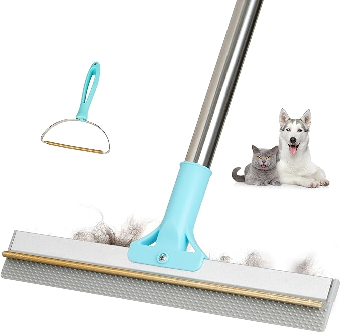 Carpet Rake for Pet Hair Removal Tool, 2 in 1 TPU and Copper Rake Teeth, Uproot Clean Hair Remover with 54’’ Adjustable Long Handle, Reusable Cat & Dog Fur Broom for Carpets,Rugs, Mats,Car