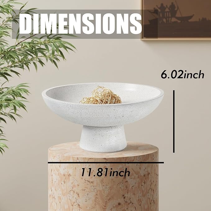 Large Decorative Fruit Bowl - Modern Handcrafted Resin Pedestal Bowl for Kitchen Counter, Entryway Key Holder & Table Centerpiece, Off-White Travertine Stone Bowl