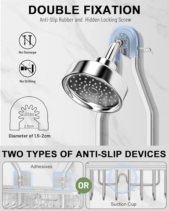 Shower Caddy Hanging - Never Rust Shower Hanging Organizer - Aluminum Over the ShowerHead Caddy with 6 Hooks for Razor/Sponge (Silver)