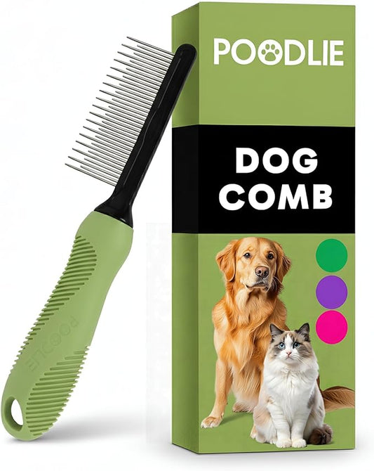 Poodle Grooming Comb - Metal Dematting Comb with Long & Short Stainless Steel Teeth for Removing Matted Hair & Knots, Safe and Gentle for Dogs & Cats (Green)