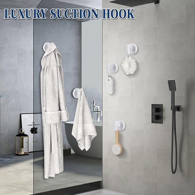 Heavy Duty Reusable Suction Cup Hooks for Shower - No Drill Bathroom/Glass/Mirror/Tiles & Metal Surfaces,and Smooth Non-Porous Surfaces for Towels, Robes, Loofahs (2, White)
