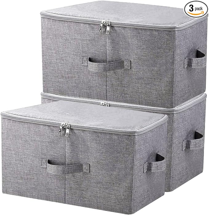 Pack of 3, 17.7 * 13.8 * 9.8" Stackable Folding Storage Baskets with Lid & Carry Handles & Memo Pocket, Good Wardrobe Separator Bins, Dark Gray