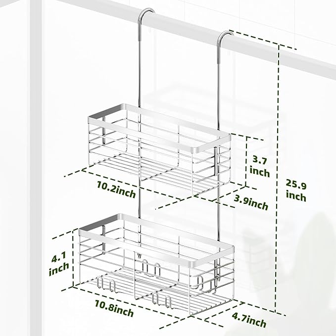 YUOROS Shower Caddy Hanging, 2 Tier Over the Door Shower Organizer Rack 304 Stainless Steel Rustproof (Silver)