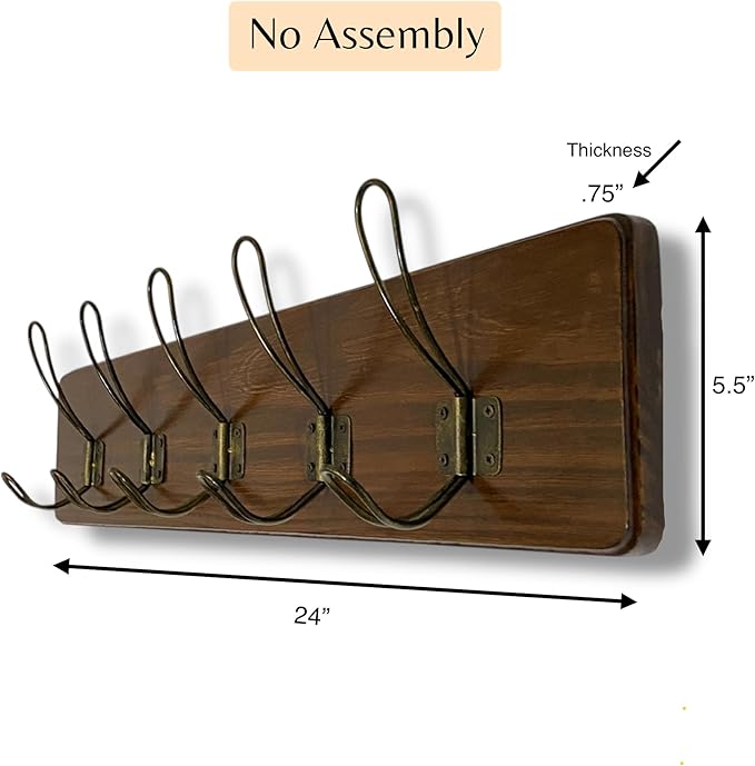 Wooden Coat Rack Wall Mount, 24" Pine with 5 Heavy Duty Antique Gold Hooks, Distressed Espresso Rustic Farmhouse for Entryway, Hallway, Bathroom, or Bedroom