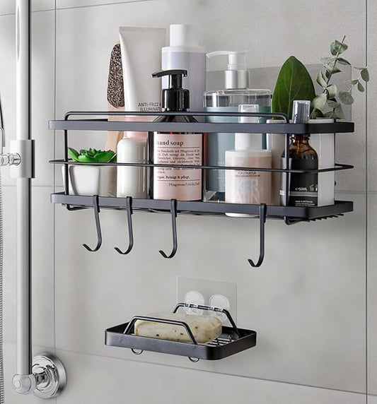 KINCMAX Premium Shower Caddy with Soap Holder - Adhesive Bathroom Shower Organizer and Storage w/ 4 Hooks, No Drill Shower Shelves for Inside Shower, Rustproof Stainless Steel Shower Rack, Black