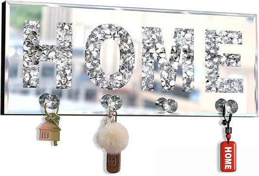 Crush Diamond Mirrored Home Letter Plaque Sign for Wall Decor, Crystal Clear Hooks Key Holder Key Hanger, Silver Mirror Decoration Wall Art, Wall Mounted Home Decor 15"×5.9"×1.6"