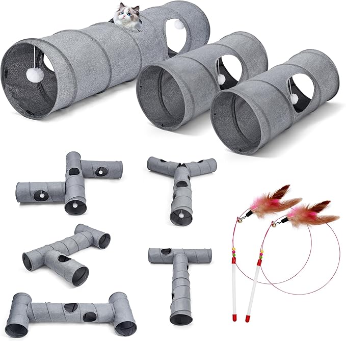 Cat Tunnel, 3 Straight Shaped Tunnels 6 DIY Shapes with Wand Toys, No Noise Scratch Resistant Cool Linen Fabric, Interactive Pet Tunnel Tube for Indoor Cats, Puppy and Rabbits