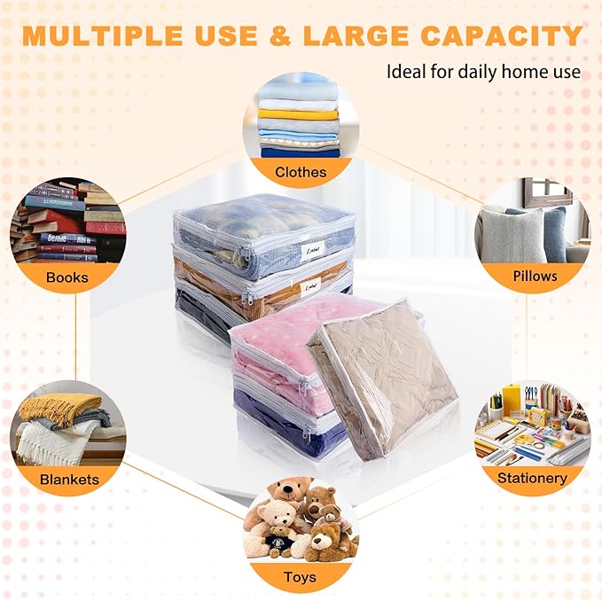 Clear Zippered Storage Bags Plastic Sweater Storage Bags with Zipper 6 Packs Clothing Organizer for Blankets Linen Sweater Bed Sheet Quilt Clothes Pillow (12 x 12 x 4 Inch)