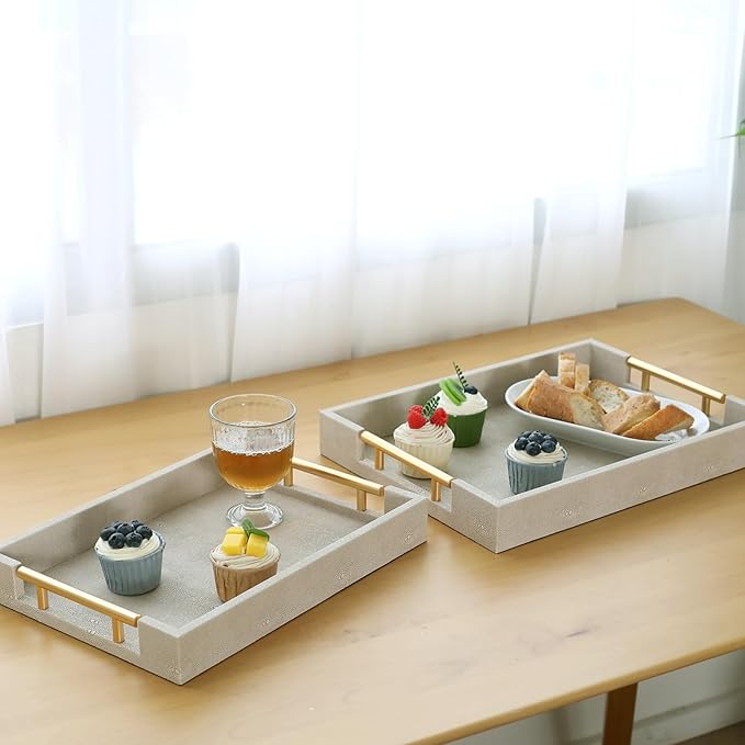 SwallowLiving Set of 2 Shagreen Serving Tray with Gold Polished Metal Handles Ivory Wood Decorative Tray PU Leather with Brushed Gold for Coffee Table Ottoman Console Table