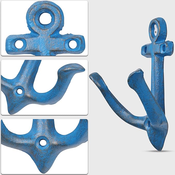 XINGYAN Vintage Rustic Cast Iron Nautical Sea Anchor Design Wall Hooks,Home Coat Rack,Decorative Wall Mounted Antique Shabby Chic Metal Bathroom Towel,Coat Hooks,Hanger,Screws Inside (Blue[4pcs])