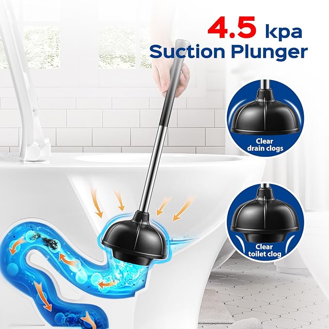 HAMITOR Toilet Plunger and Brush Set: 2 in 1 Stainless Steel Bowl Brush with Holder, Deep-Cleaning Curved Bristles and Heavy Duty Unclogger, Compact Design for Household & Hotel, Silver, 2-Pack