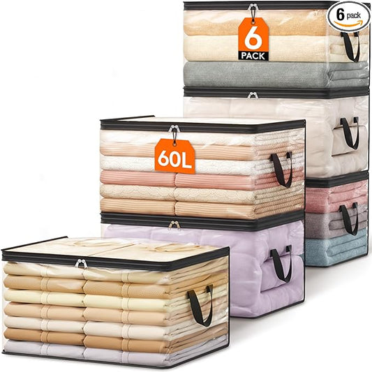 Lifewit 6 Pack Clear Clothes Storage Bags, 60L Plastic Blanket Vinyl Foldable Moving Bags with Zipper, Closet Organizers and Storage Containers for Bedding, Duvet, Pillow