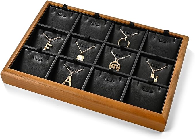 Oirlv Solid Wood 12 Grid Liner Pendant Jewelry Organizer Tray Jewelry Drawer Organizer(Black)