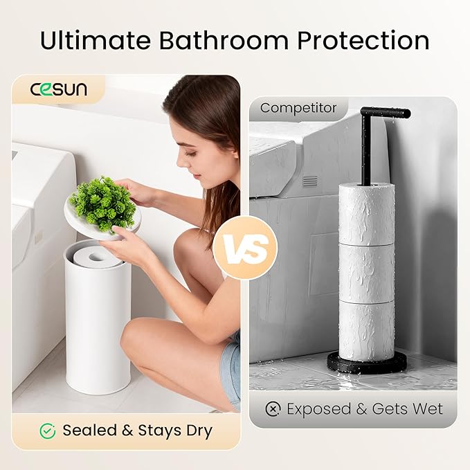 Cesun Toilet Paper Storage Bin, Enclosed Toliet Paper Holder with 3-Roll Capacity, White Stainless Steel Canister with Decorative Green Plant Lid